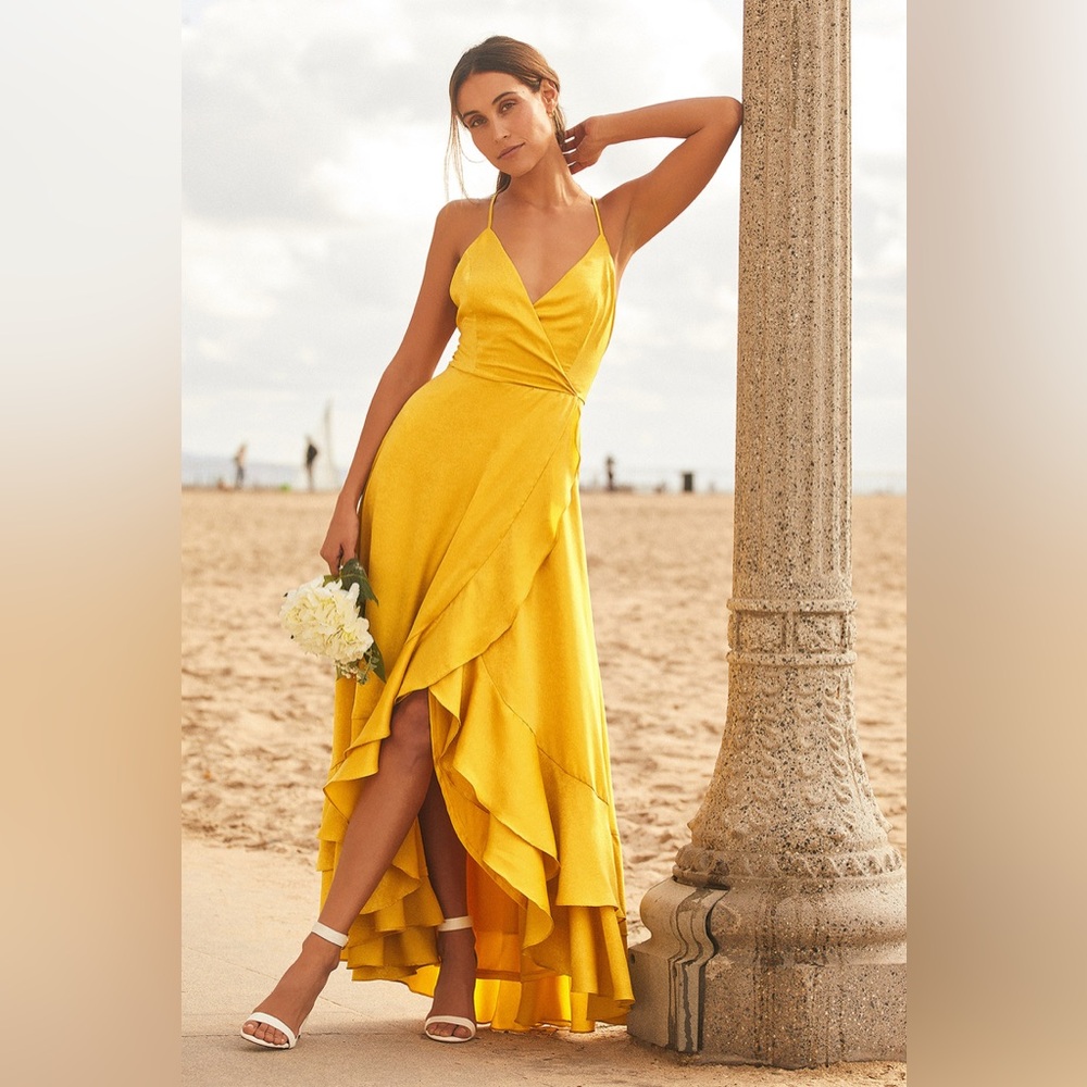 Lulus-In Love Forever Mustard Yellow Satin Lace-Up High-Low Maxi Dress